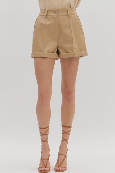 Cuff Hem Faux Leather Pintuck Shorts