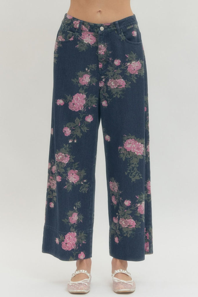 Floral Print Denim Pants