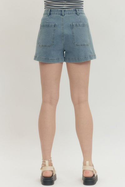 Solid Denim Patch Pocket Shorts