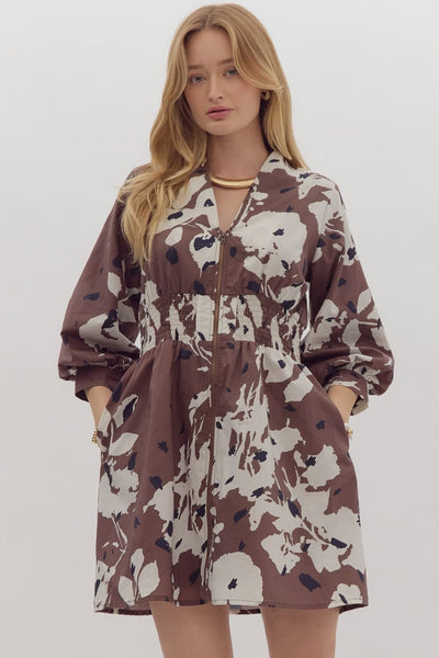 Printed ¾ Sleeve Poplin Mini Dress