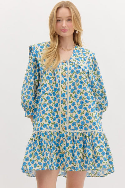 Floral ¾ Sleeve Pullover Mini Dress