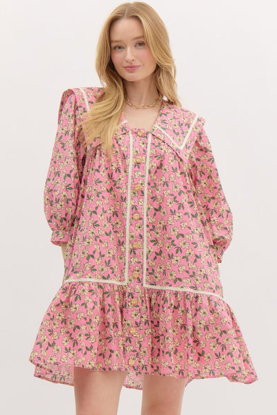 Floral ¾ Sleeve Pullover Mini Dress