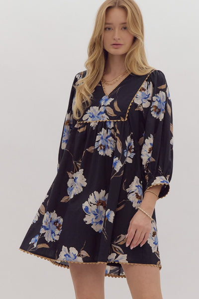 Floral Poplin V-Neck Pullover Mini Dress