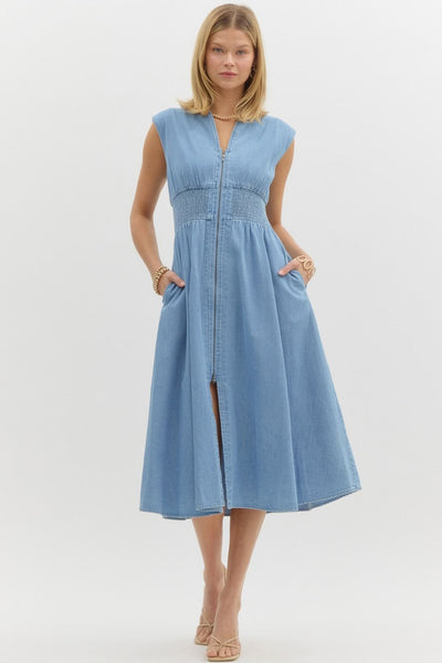 Denim Sleeveless Front Zip Midi Dress