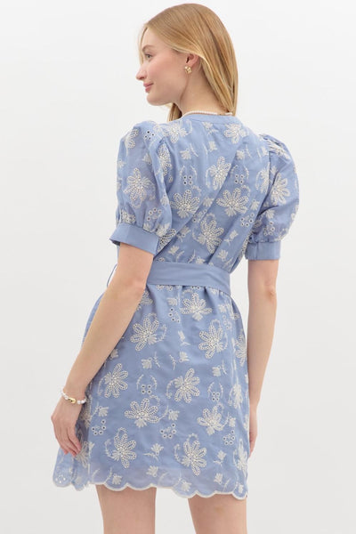 Floral Eyelet Split V-Neck Pullover Mini Dress