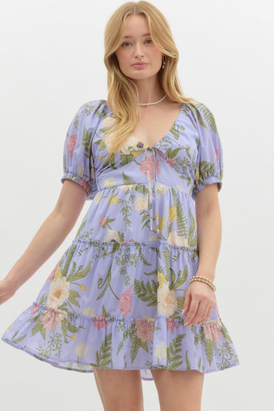 Tropical Print Short Puff Sleeve Mini Dress
