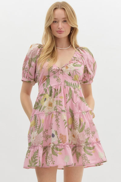 Tropical Print Short Puff Sleeve Mini Dress