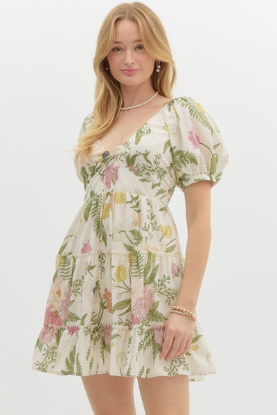 Tropical Print Short Puff Sleeve Mini Dress