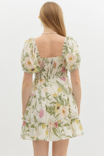 Tropical Print Short Puff Sleeve Mini Dress