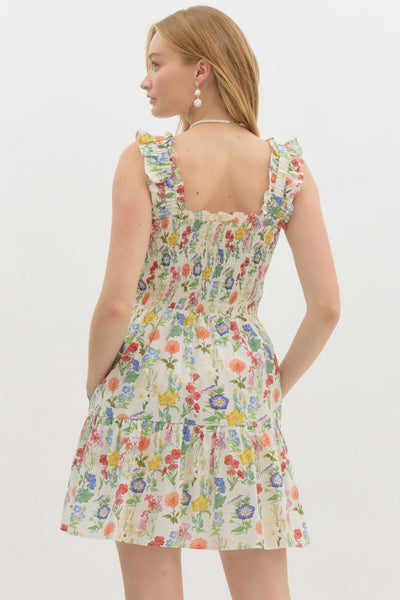 Floral Elasticated Shoulder Ruffle Strap Dress