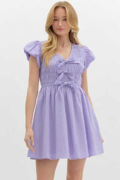 Textured Short Bubble Sleeve Flare Dress