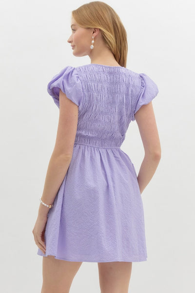 Textured Short Bubble Sleeve Flare Dress
