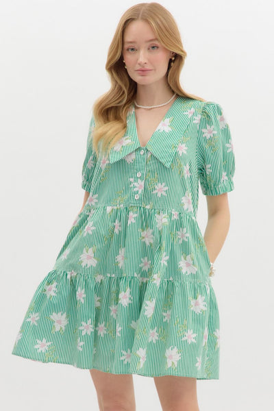 Floral Stripe Print Tiered Mini Dress