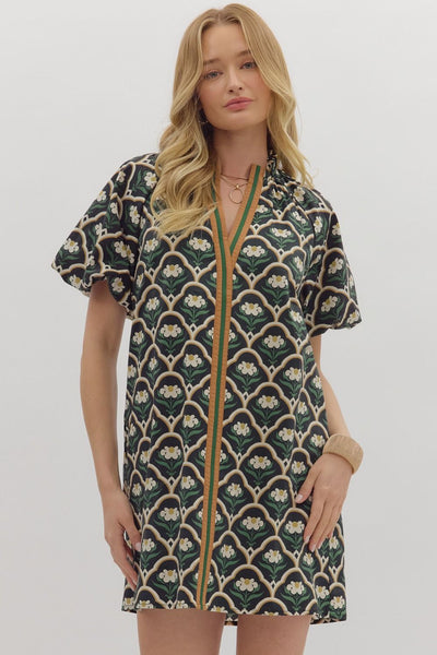 Botanical Print Puff Sleeve Mini Dress