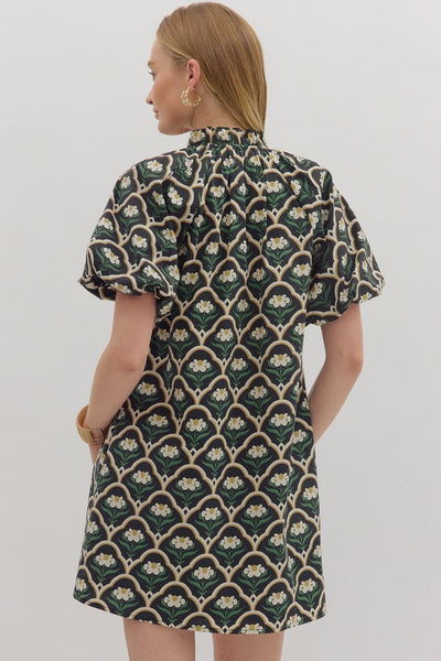 Botanical Print Puff Sleeve Mini Dress