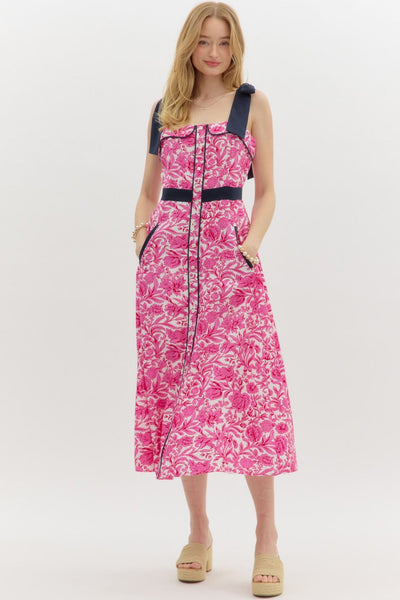 Floral Bow Tie Shoulder Strap Midi Dress
