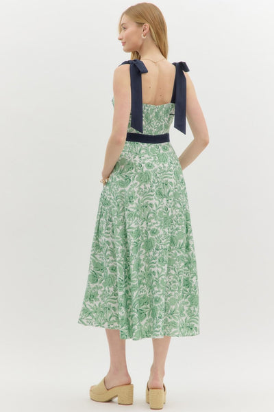 Floral Bow Tie Shoulder Strap Midi Dress