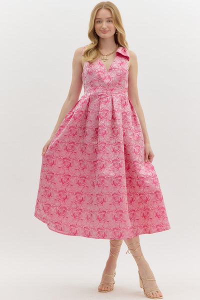 Floral Textured V-Neck Pleated Midi Dress