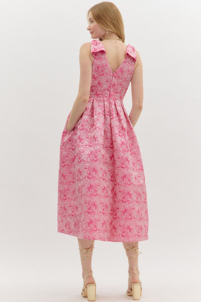 Floral Textured V-Neck Pleated Midi Dress
