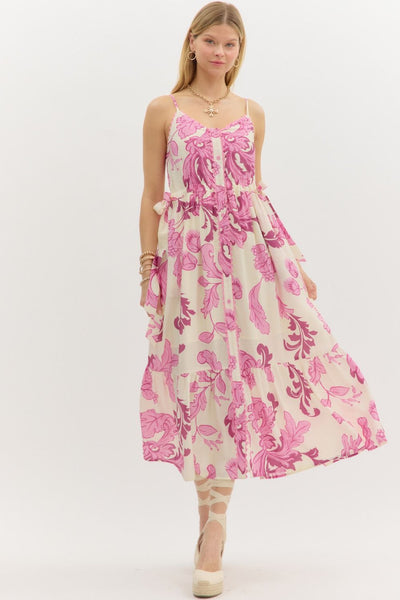Botanical Shoulder Strap Tiered Midi Dress