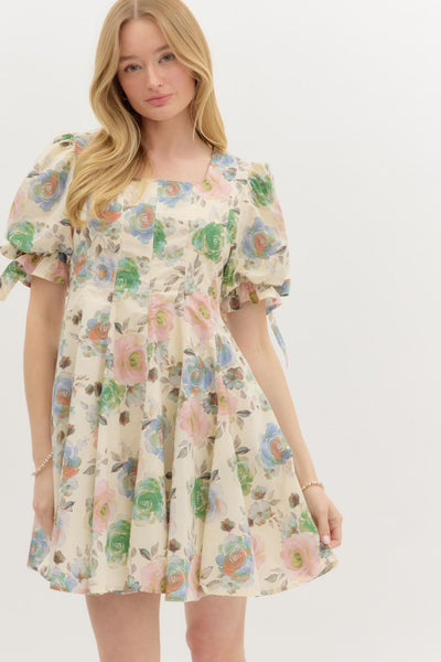 Floral Bow Accent Bubble Sleeve Mini Dress