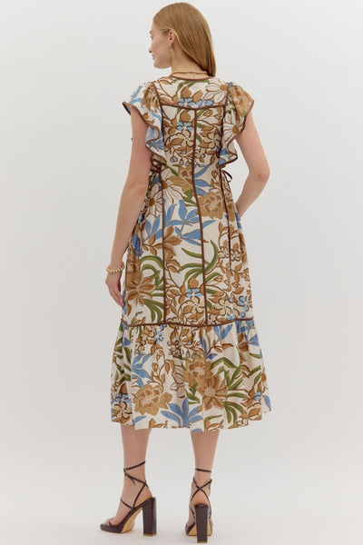 Botanical Flutter Sleeve Ruffle Midi Dress