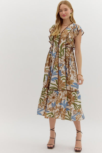 Botanical Flutter Sleeve Ruffle Midi Dress