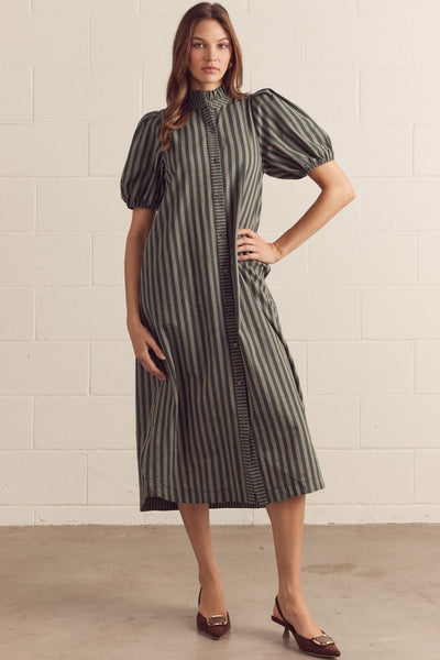 Stripe Print Puff Sleeve Midi Dress
