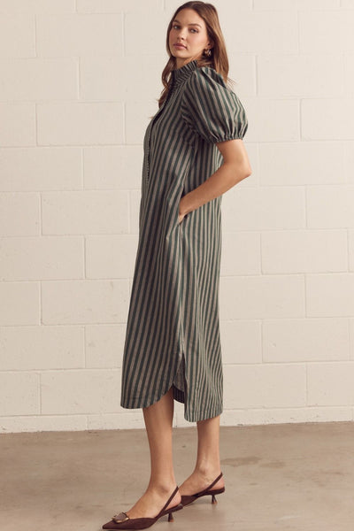 Stripe Print Puff Sleeve Midi Dress