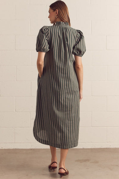 Stripe Print Puff Sleeve Midi Dress