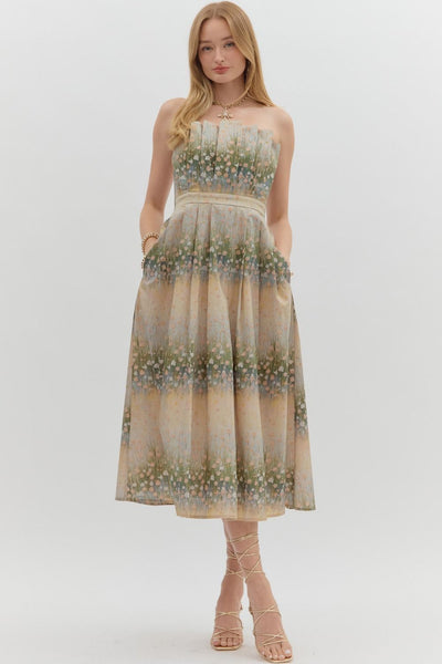 Floral Pattern Strapless Pleated Midi Dress