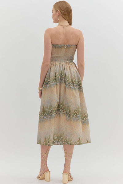 Floral Pattern Strapless Pleated Midi Dress