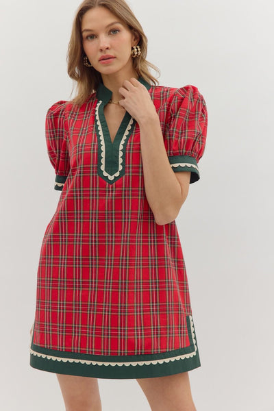 Plaid Pattern Puff Sleeve Mini Dress