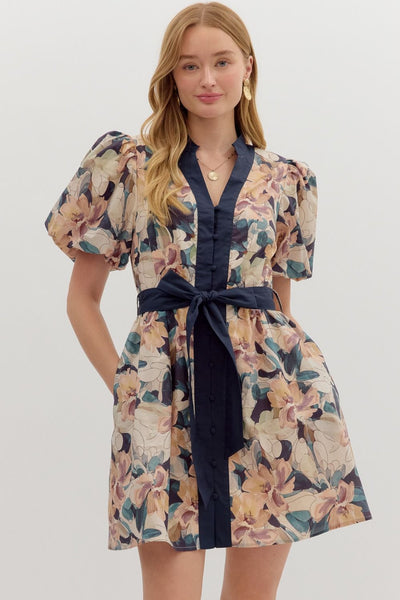 Floral Short Bubble Sleeve Mini Dress