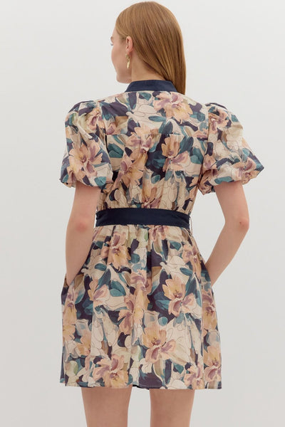 Floral Short Bubble Sleeve Mini Dress