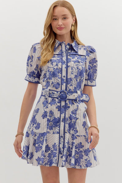 Floral Stripe Cuff Band Flounce Hem Mini Dress