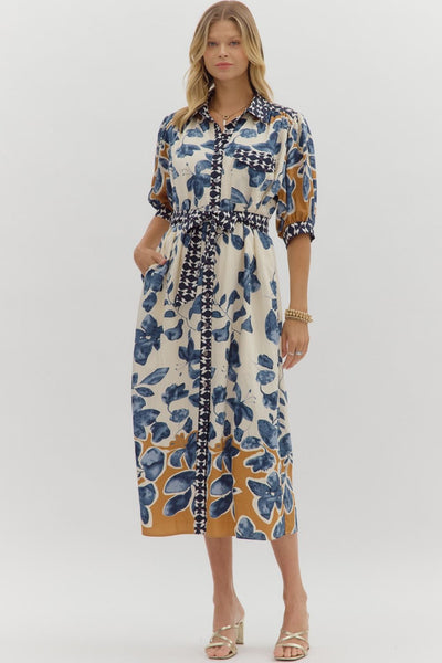 Botanical Print ¾ Sleeve Midi Shirt Dress