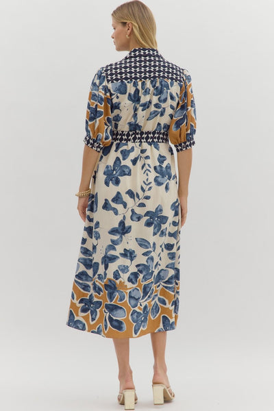 Botanical Print ¾ Sleeve Midi Shirt Dress