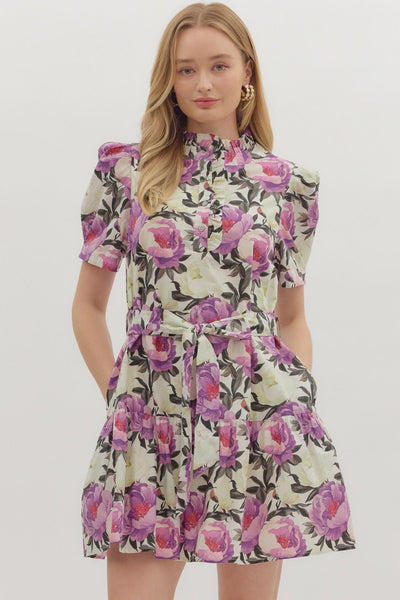 Floral Puff Shoulder Sleeve Mini Dress