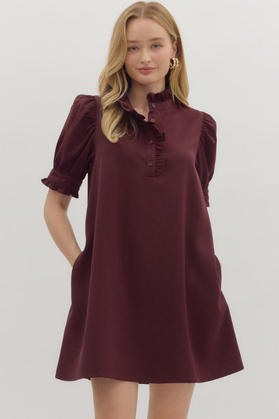 Solid Short Puff Sleeve Mini Dress