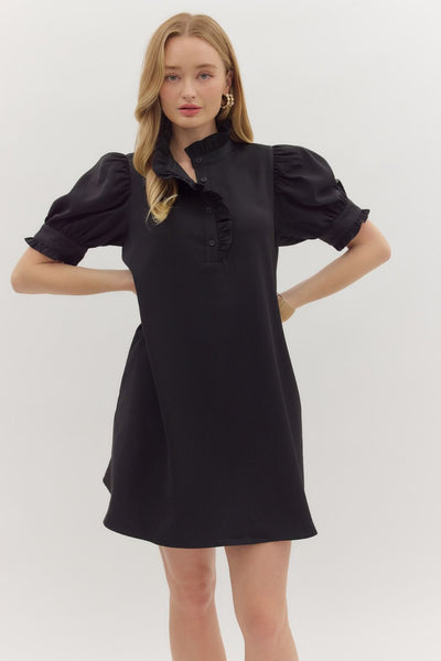 Solid Short Puff Sleeve Mini Dress