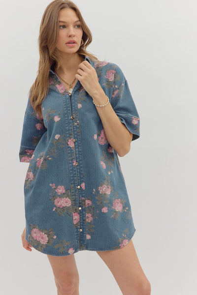 Floral Elbow-Length Sleeve Shirt Dress
