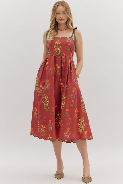 Floral Print Tie Strap Midi Dress