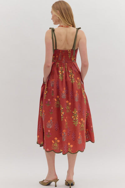 Floral Print Tie Strap Midi Dress