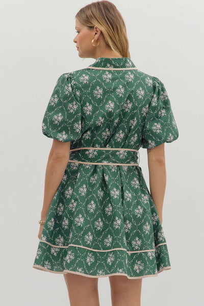 Diamond Pattern Floral Bubble Sleeve Dress