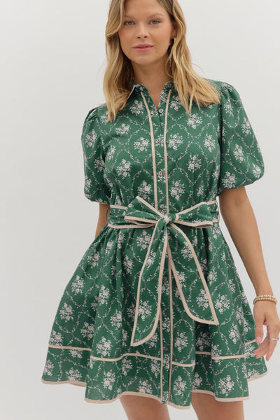 Diamond Pattern Floral Bubble Sleeve Dress