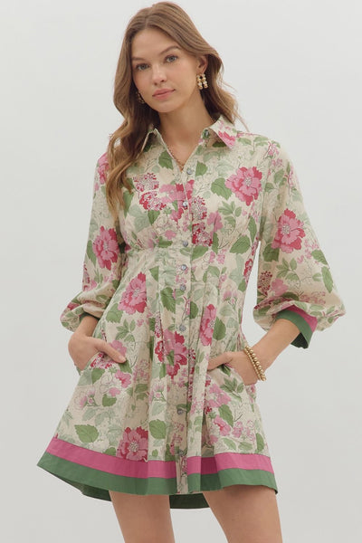 Floral Button Closure Pintuck Mini Dress