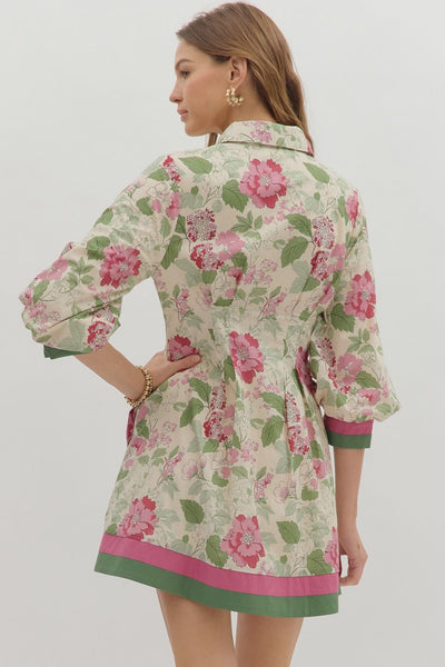Floral Button Closure Pintuck Mini Dress