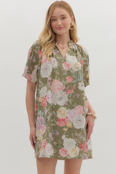 Floral V-Neck Band Collar Mini Dress