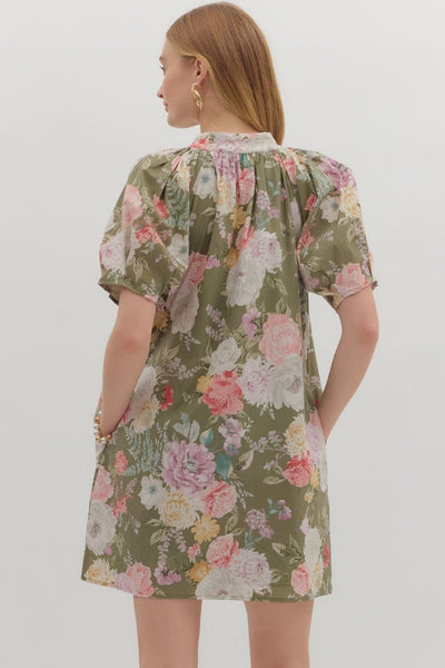 Floral V-Neck Band Collar Mini Dress